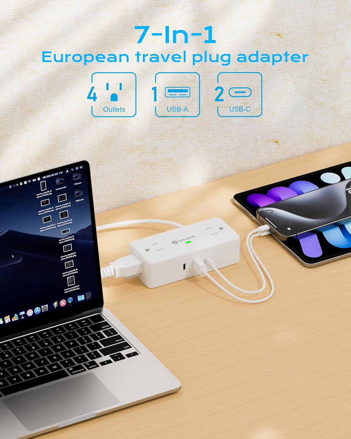 UK Adapters for Travel | 4 AC Outlets, 3 USB Ports (2 USB C), 5ft Flat Extension Cord